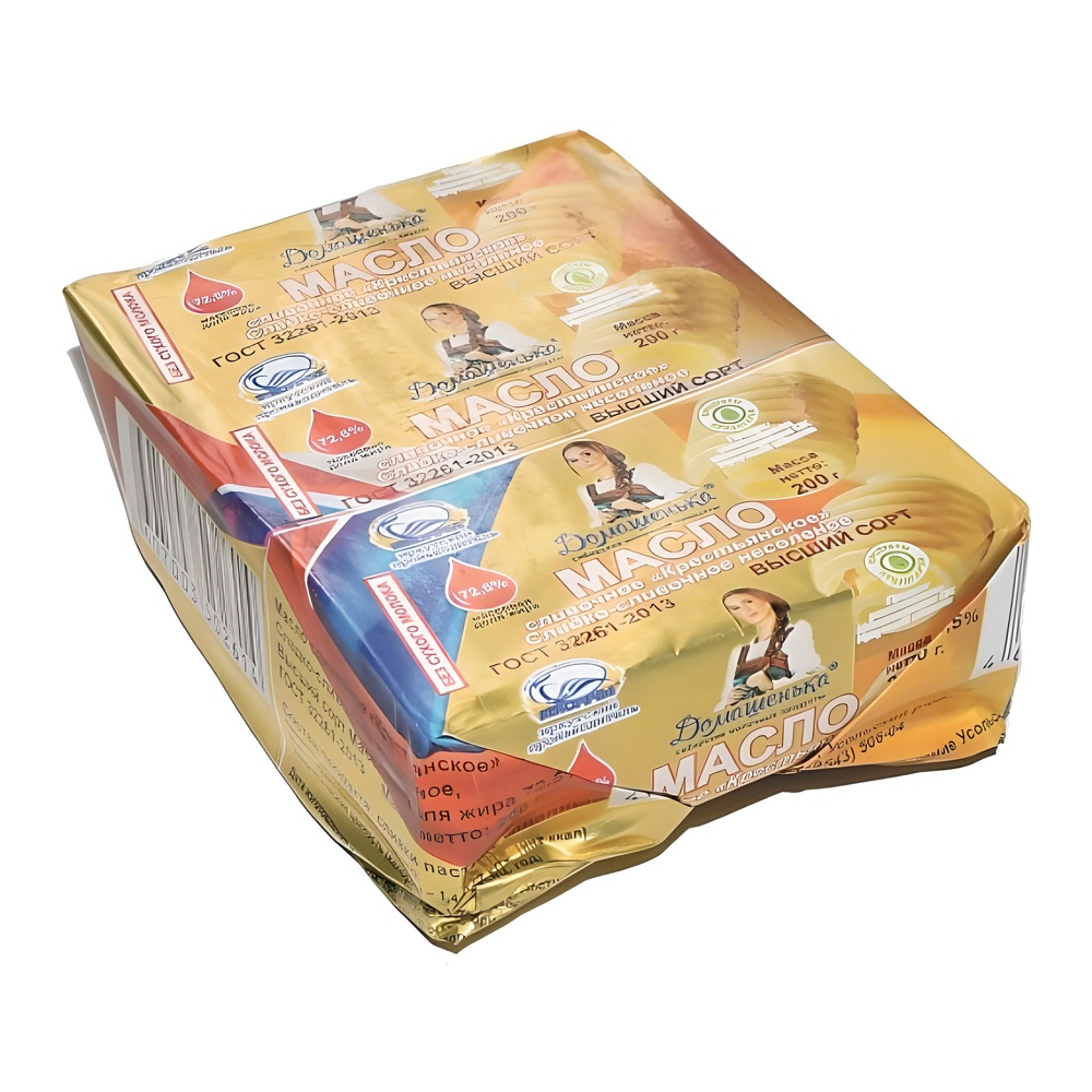 Масло Белоречье Домашенька сливочное Крестьянское несоленое 72,5% 200г в фольге