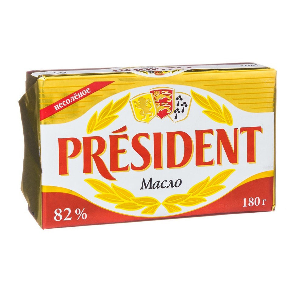 Масло Президент кисло-сливочное несоленое в/с 82% 180г