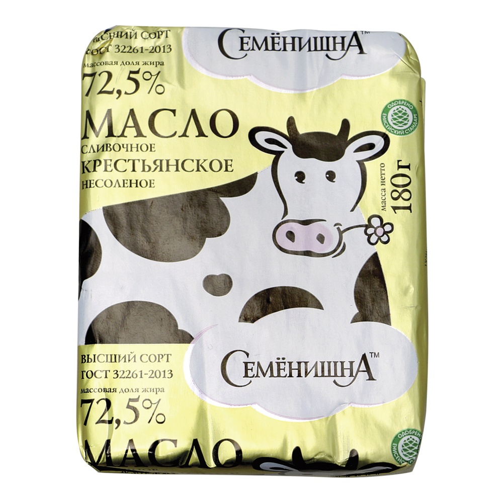 Масло Семенишна сливочное Крестьянское несоленое 72,5% 180г