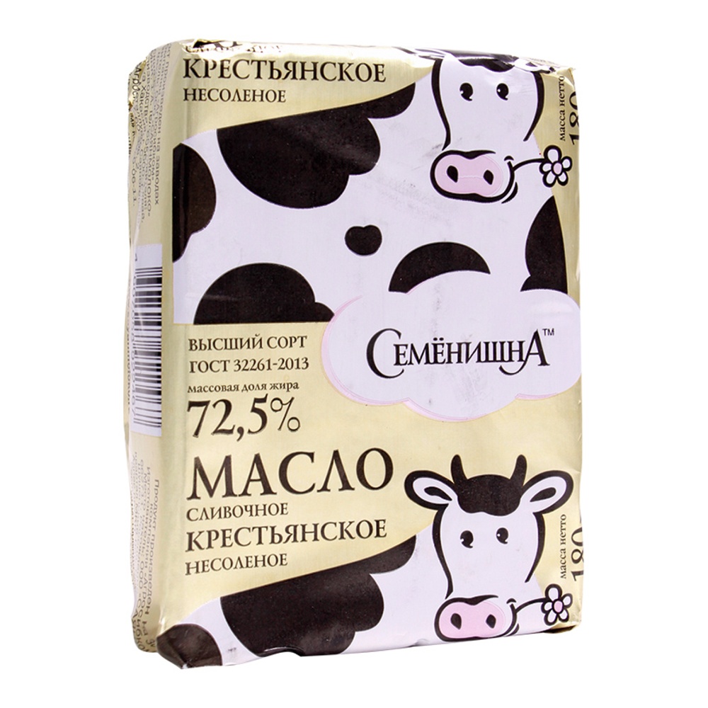 Масло Семенишна сливочное Крестьянское несоленое 72,5% 180г