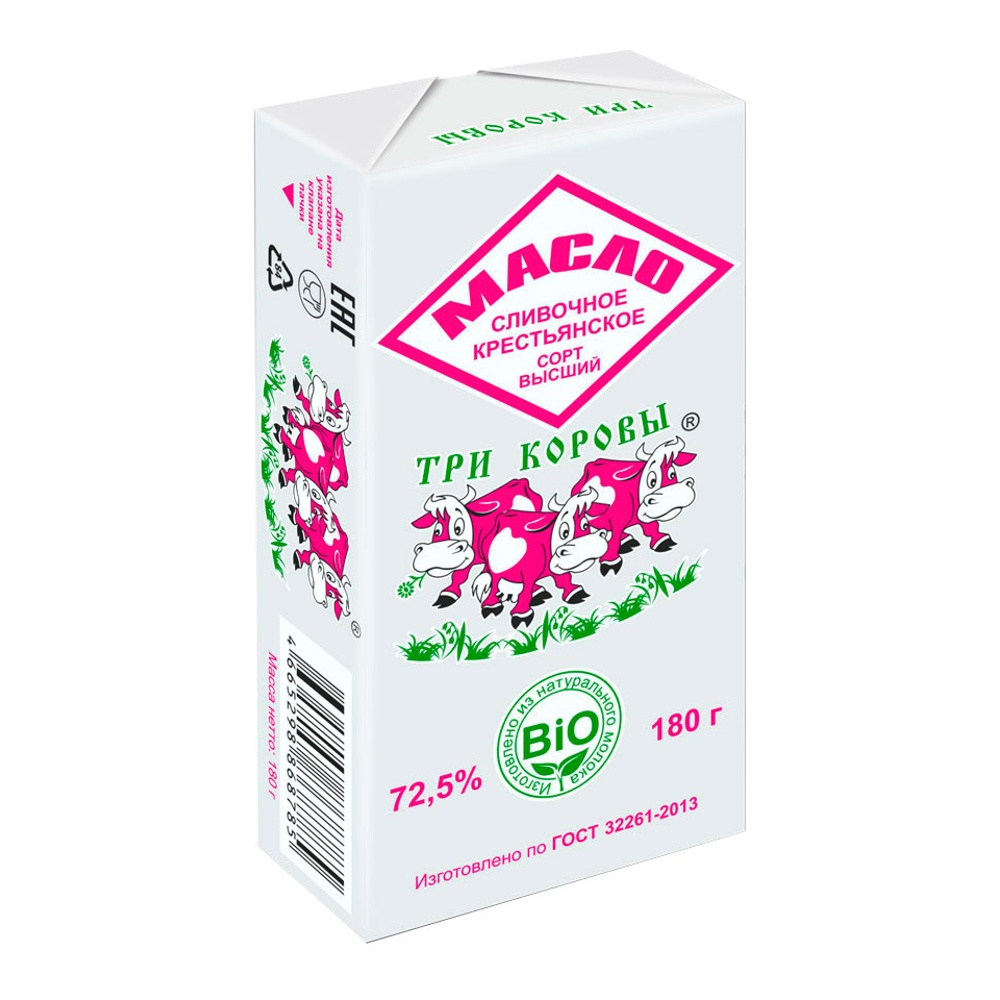 Масло Три коровы сливочное Крестьянское в/с 72,5% 180г в фольге