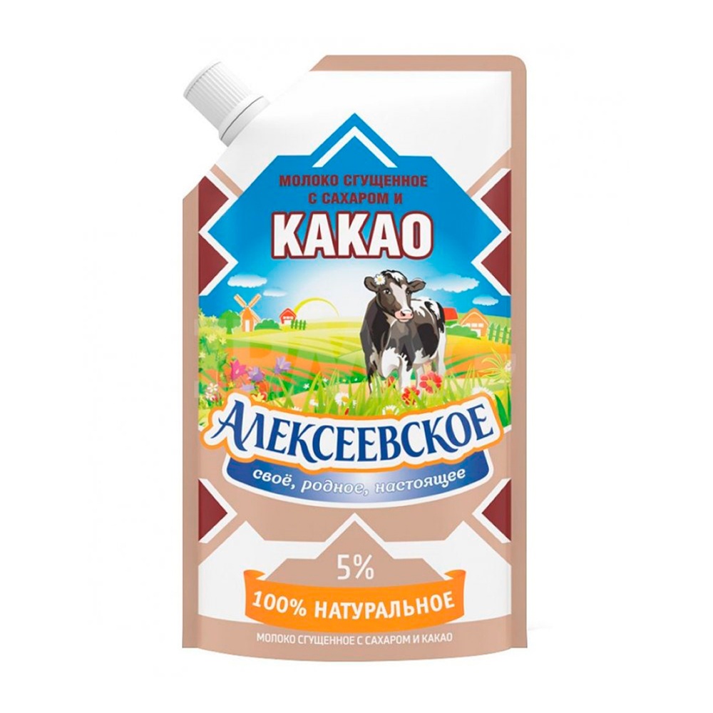Молоко сгущенное с сахаром и какао Алексеевское 5% 270г дой-пак с дозатором
