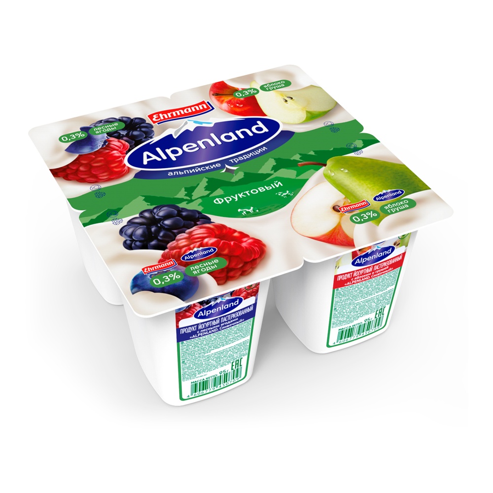 Продукт йогуртный Альпенленд Фруктовый 0,3% 95г лесная ягода/яблоко-груша