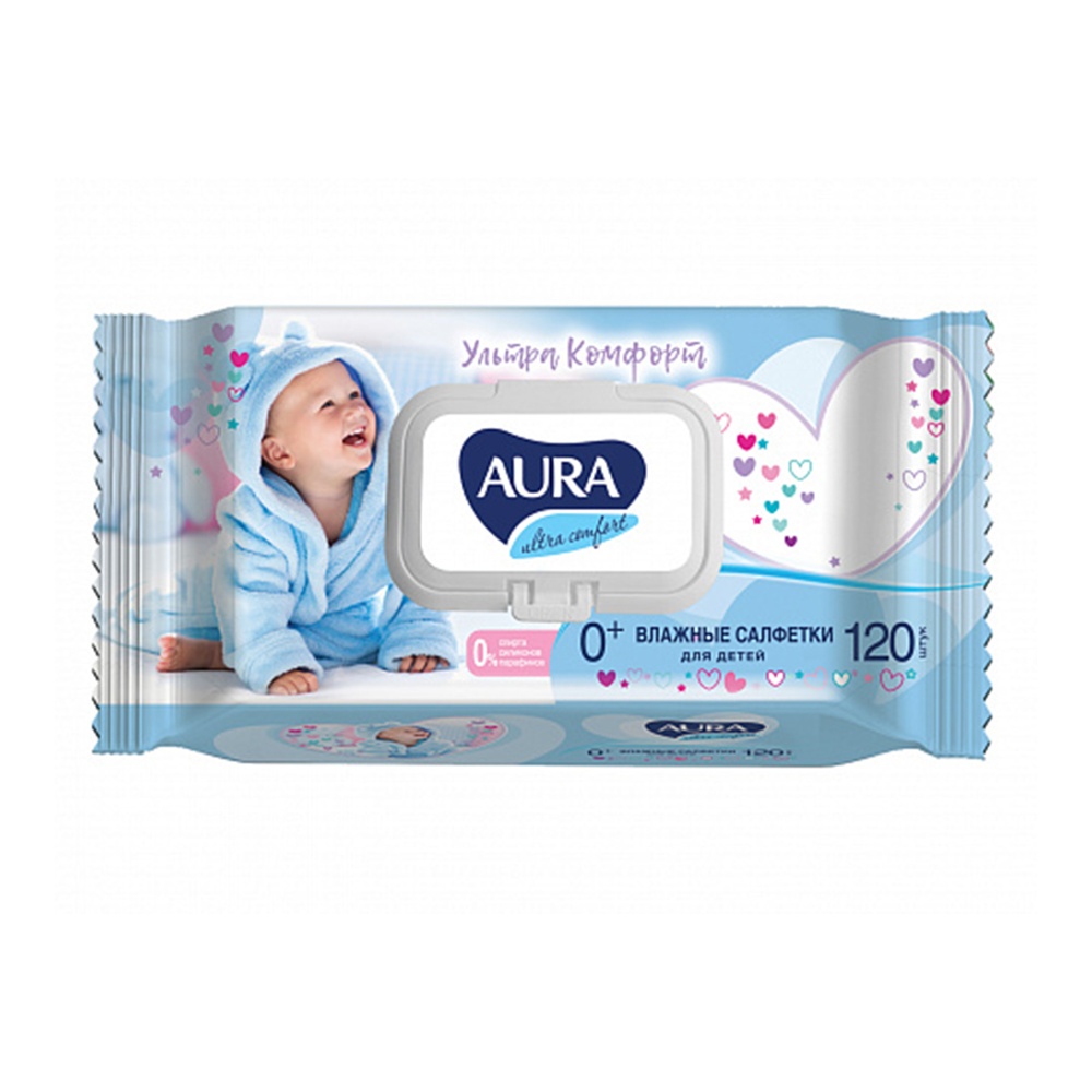 Салфетки влажные детские Аура Ультра Комфорт 120шт Алоэ и Втамин Е