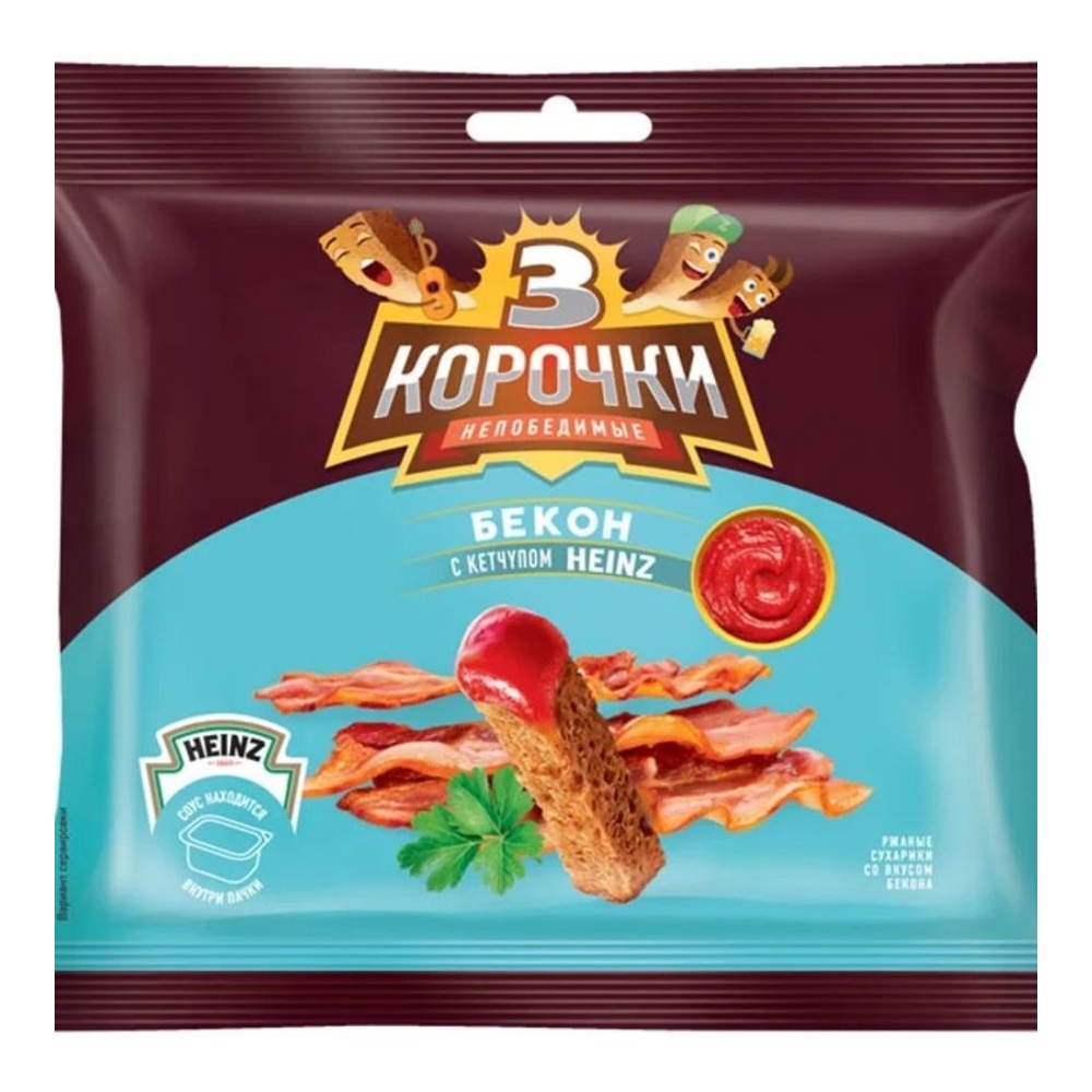 Сухарики Три корочки 60г+25мл Бекон с кетчупом Хайнц
