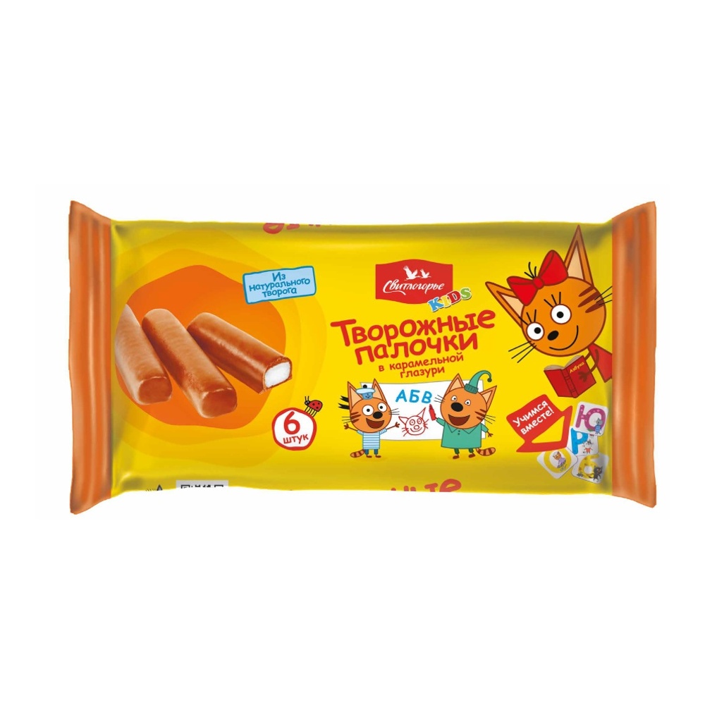 Сырок глазир Свитлогорье Кидс творожные палочки Три Кота 16% 180г с ванилью в карамельной глазури