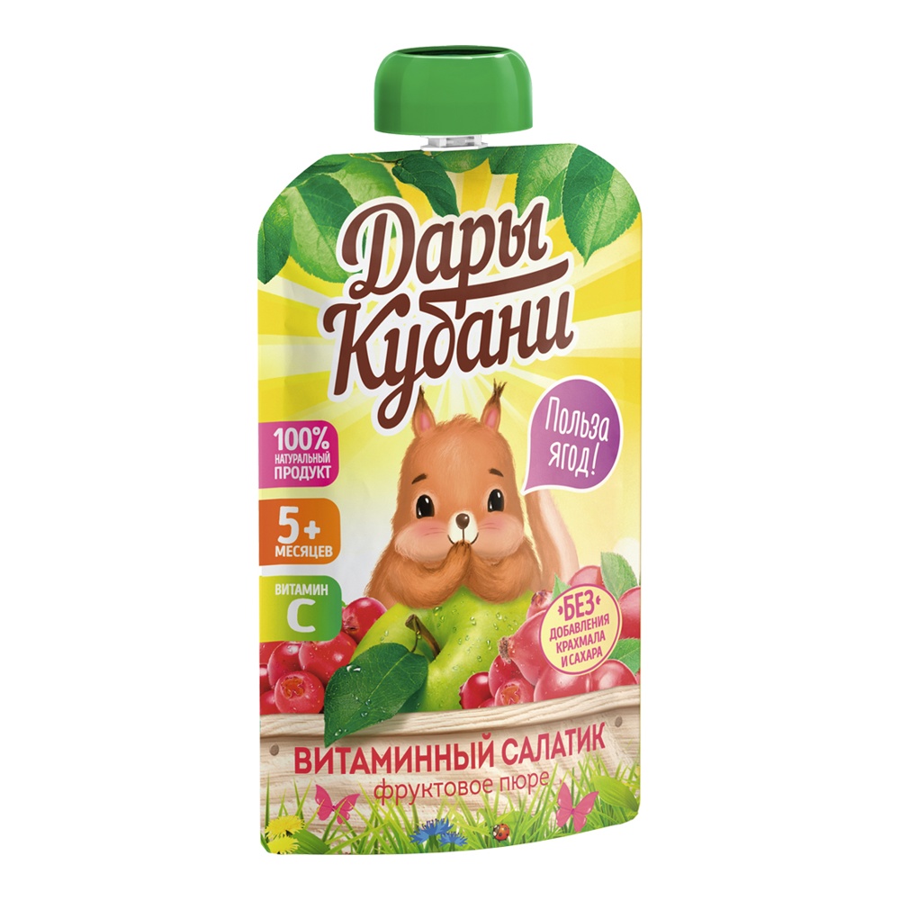 Дет пит Дары Кубани Пюре Витаминный салатик яблоко-шиповник-клюква с 5мес 90г дой-пак