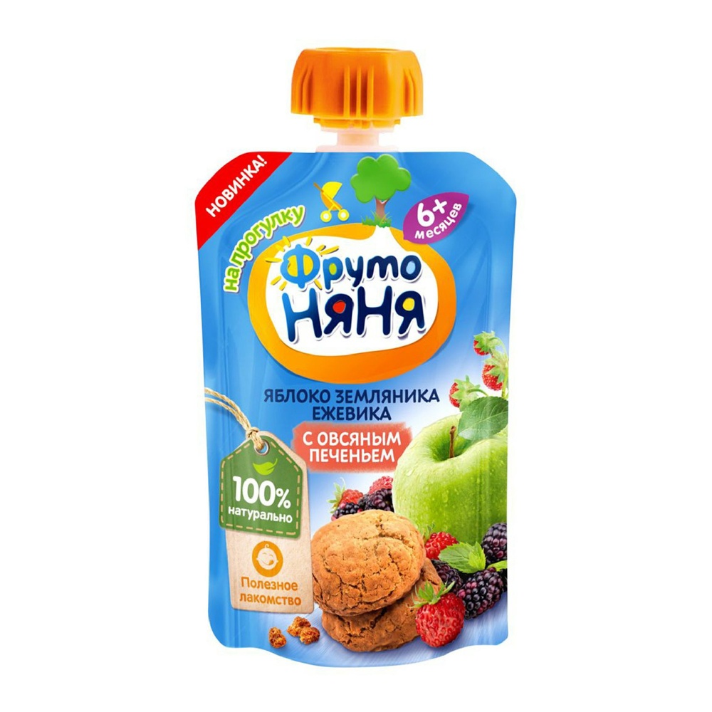 Дет пит Фрутоняня Пюре яблочно-земляничное с ежевикой и овсяным печеньем с 6мес 90г дой-пак; 12