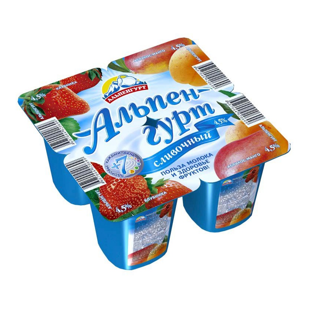 Продукт йогуртный Альпенгурт Сливочный 4,5% 100г клубника/абрикос-манго; 24
