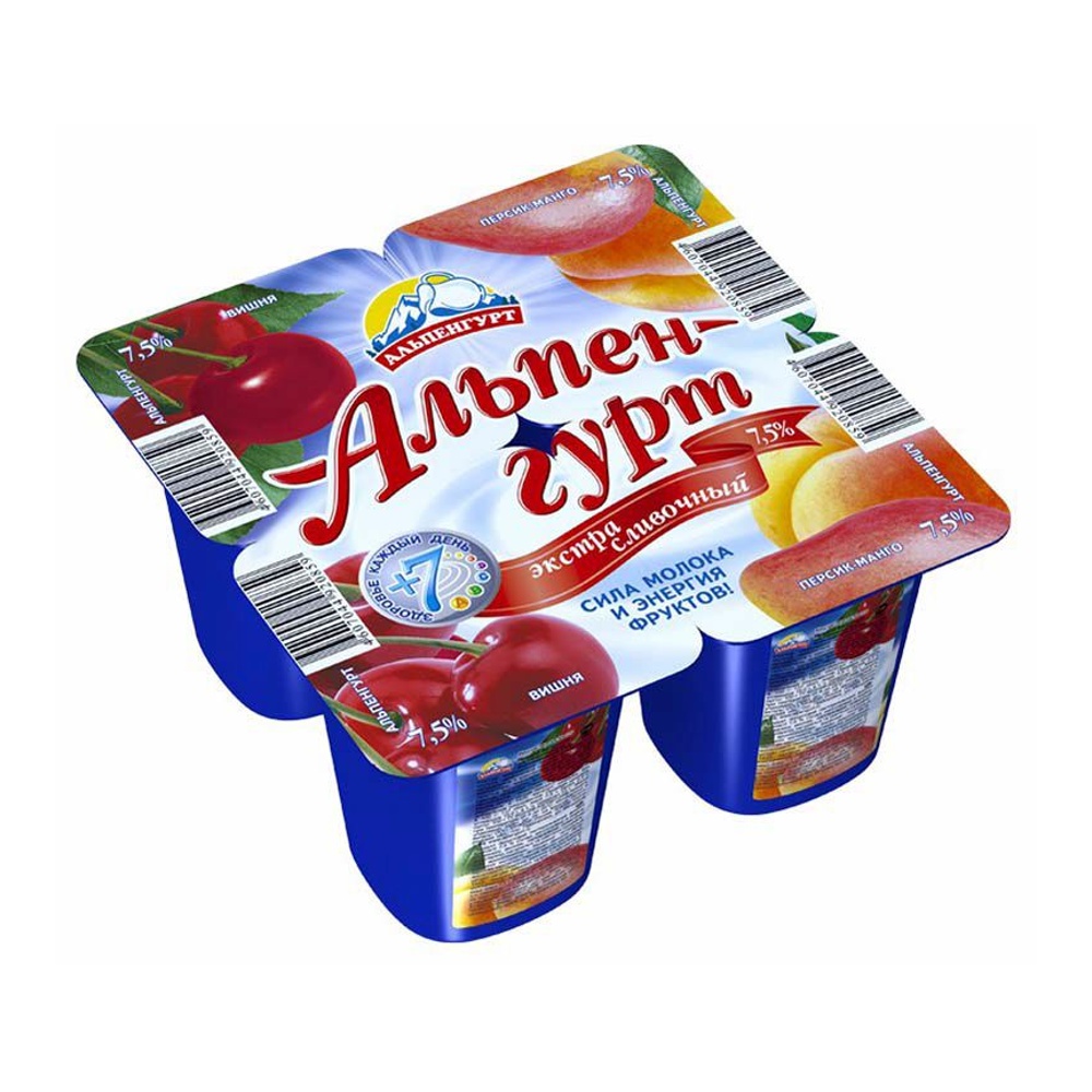 Продукт йогуртный Альпенгурт Экстра сливочный 7,5% 100г вишня/персик-манго; 24