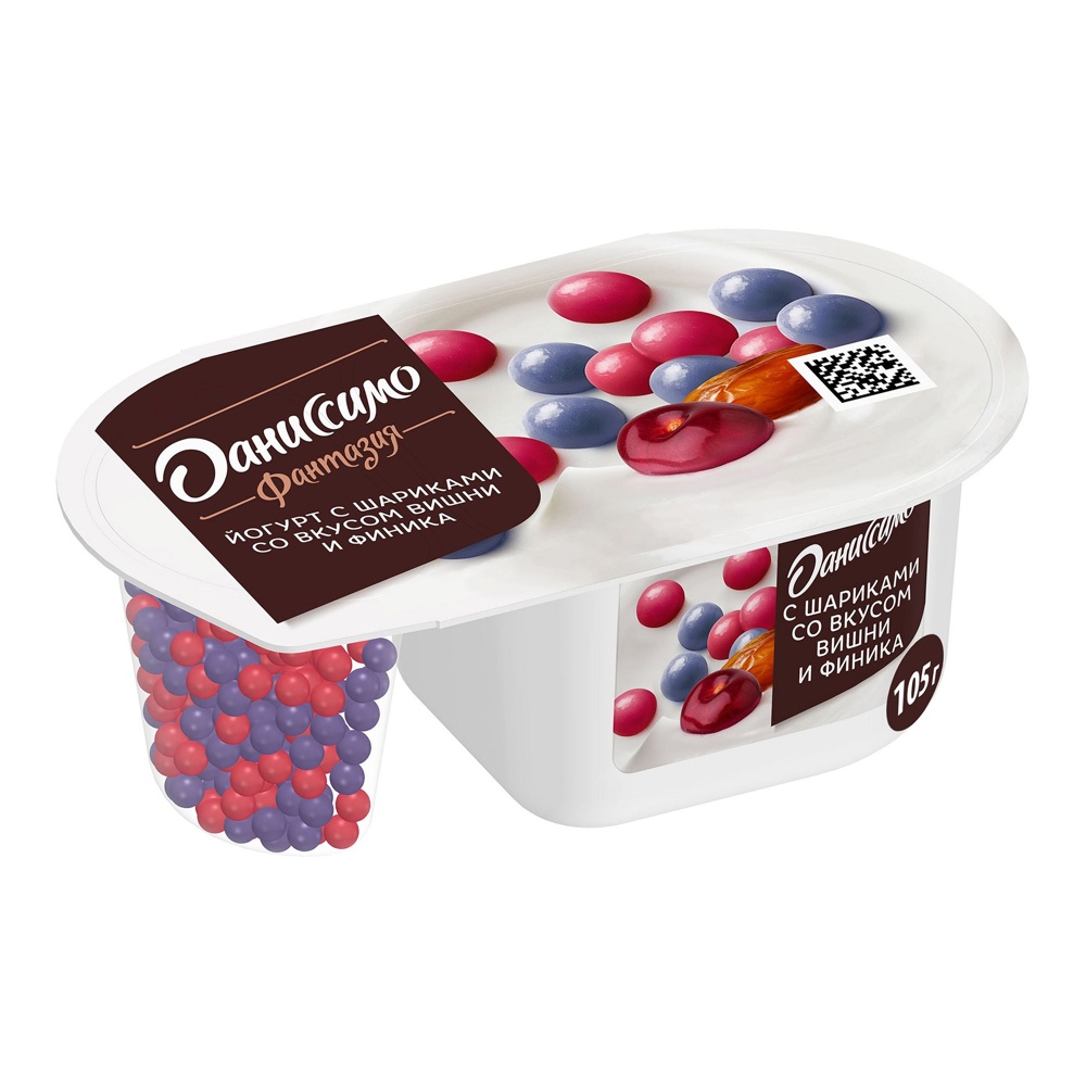 Йогурт Даниссимо Фантазия 6,9% 105г хрустящие шарики со вкусом вишни и финика; 12