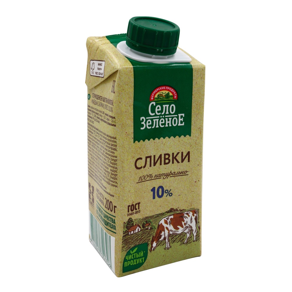 Сливки питьевые Село Зелёное 10% 200г стерилизованные т/п; 24