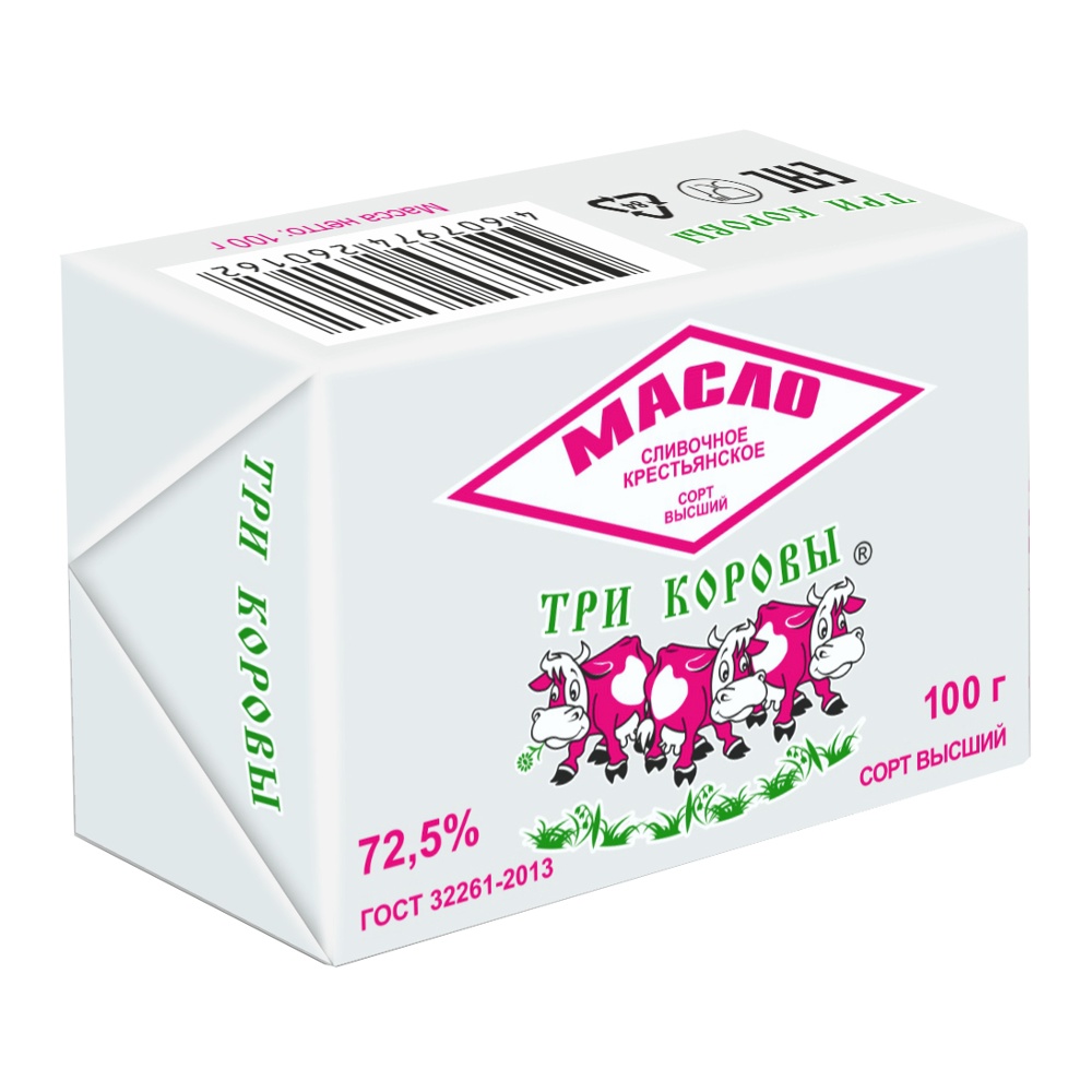 Масло Три коровы сливочное Крестьянское в/с 72,5% 100г в фольге