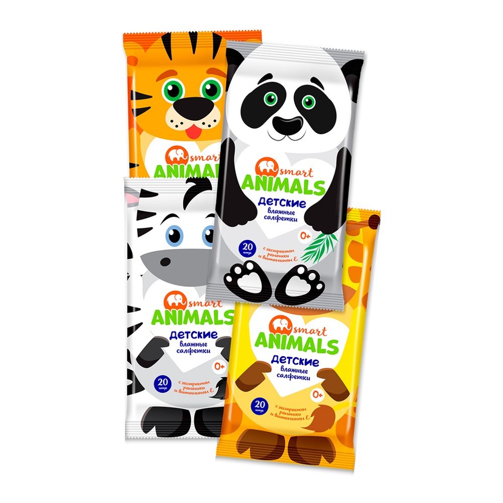 Салфетки влажные детские Смарт Энималс 20шт с экстрактом ромашки и витамином Е