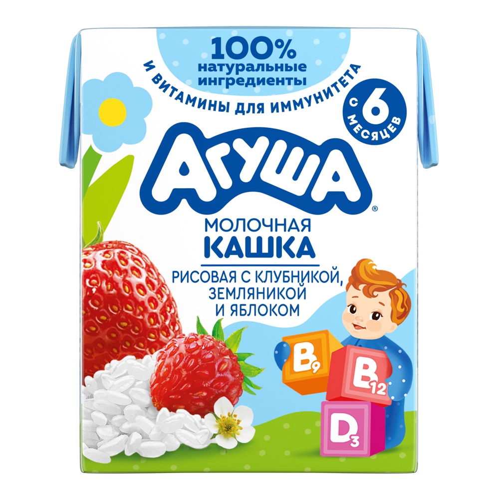 Дет пит Агуша Укрепляй-ка Кашка рис-молоко с клубникой, земляникой и яблоком с 6мес 200мл
