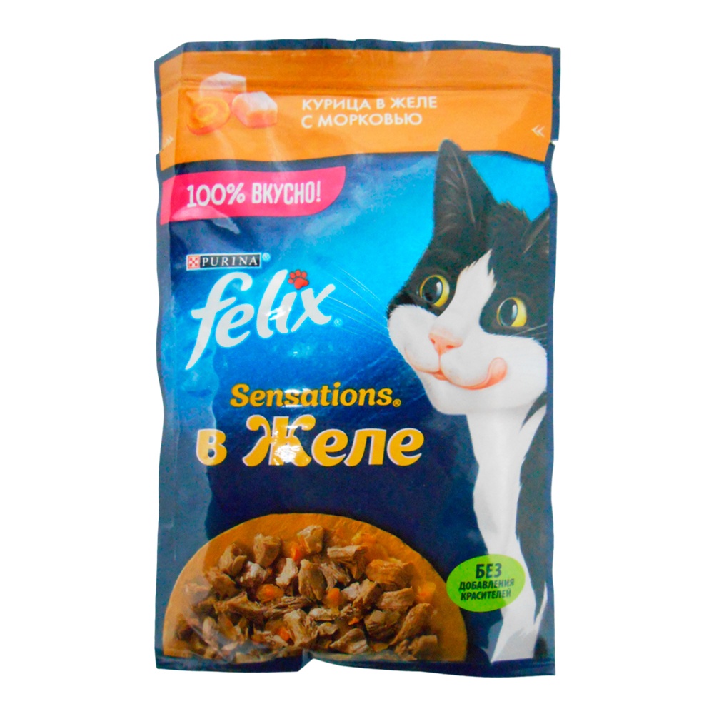 Корм для кошек Феликс Сенсейшнс с курицей в желе с морковью 75г