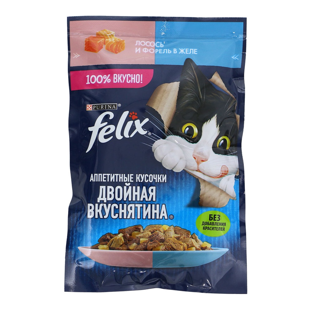 Корм для кошек Феликс Аппетитные кусочки Двойная вкуснятина с лососем и форелью в желе 75г