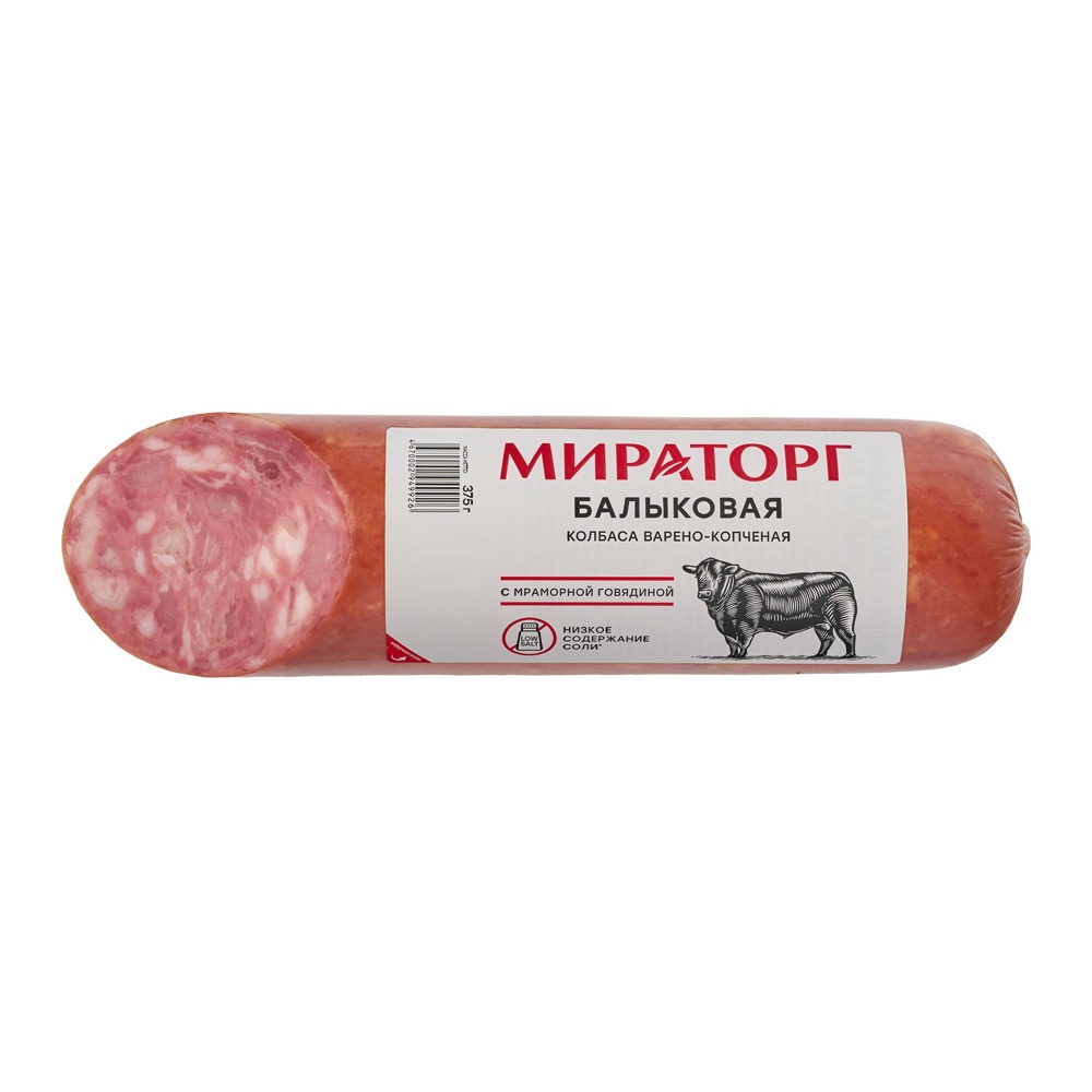 Колбаса Балыковая с мраморной говядиной в/к в нат/об срез 375г в/у Мираторг