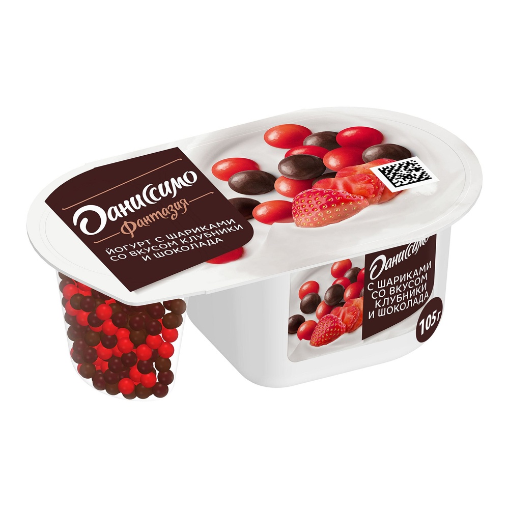 Йогурт Даниссимо Фантазия 6,9% 105г хрустящие шарики со вкусом клубники и молочного шоколада; 12