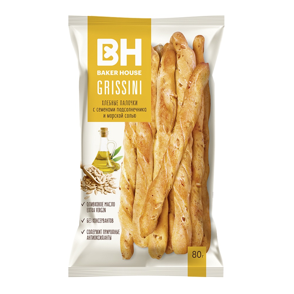 Палочки хлебные Бэйкер Хаус Гриссини с семенами подсолнечника и морской солью 80г