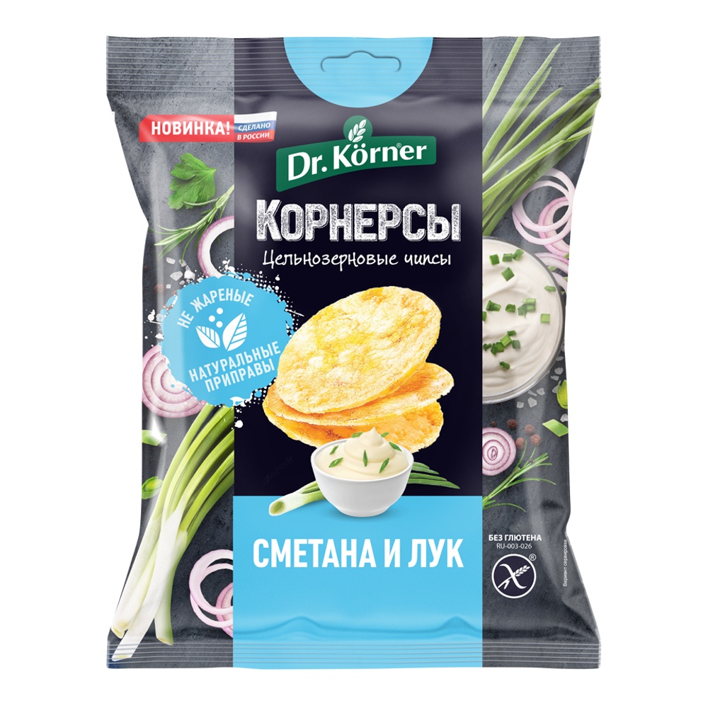Чипсы-корнерсы Доктор Кёрнер цельнозерновые кукурузно-рисовые со сметаной и луком 50г