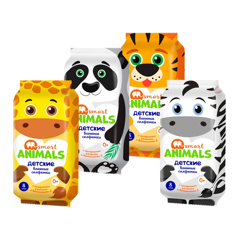 Салфетки влажные детские Смарт Энималс 8шт с экстрактом ромашки и витамином Е