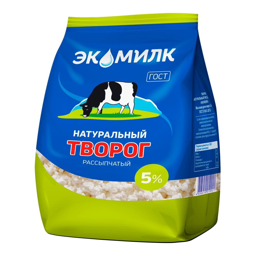 Творог Экомилк натуральный рассыпчатый 5% 350г м/у