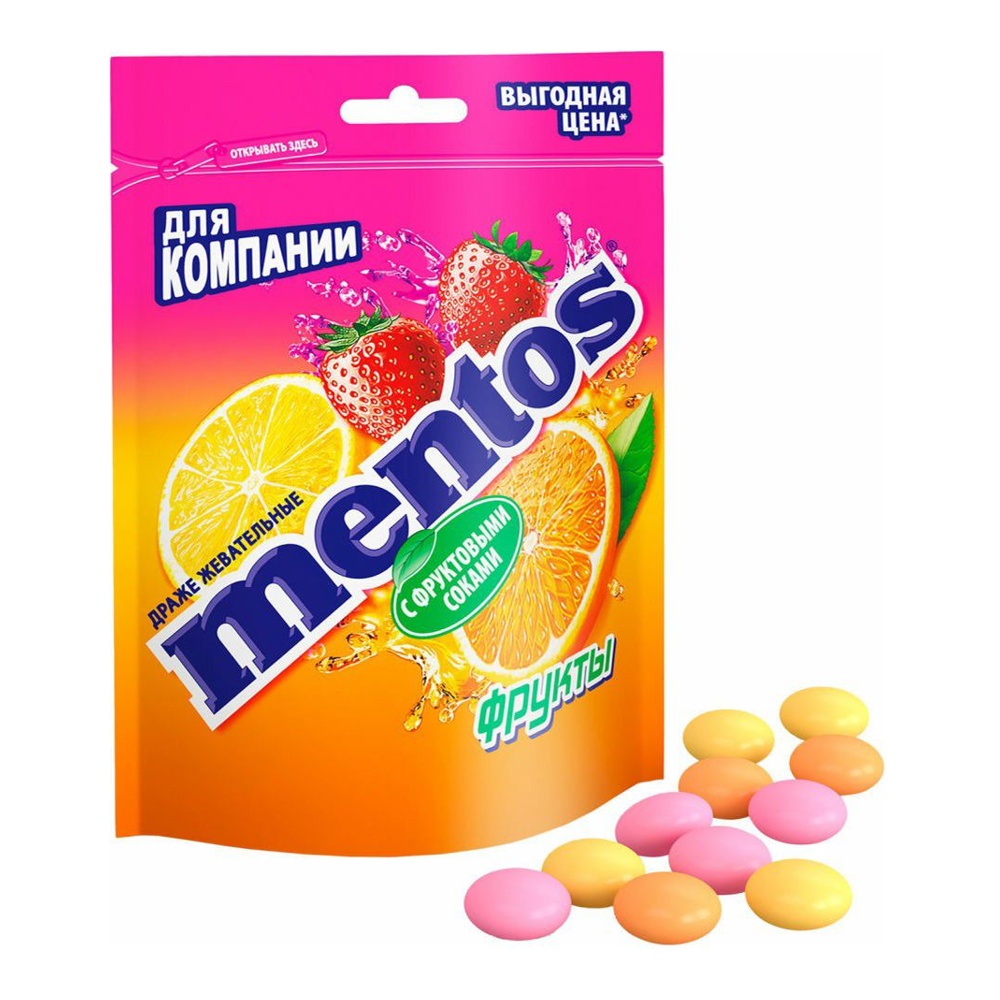 Драже жевательные Ментос со вкусом фруктов: клубники, апельсина, лимона 95г; 18
