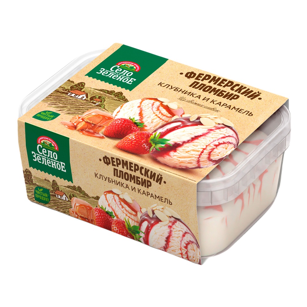 Мороженое Село Зелёное Пломбир Фермерский ванильный с клубникой и карамельным сиропом 15% 450г