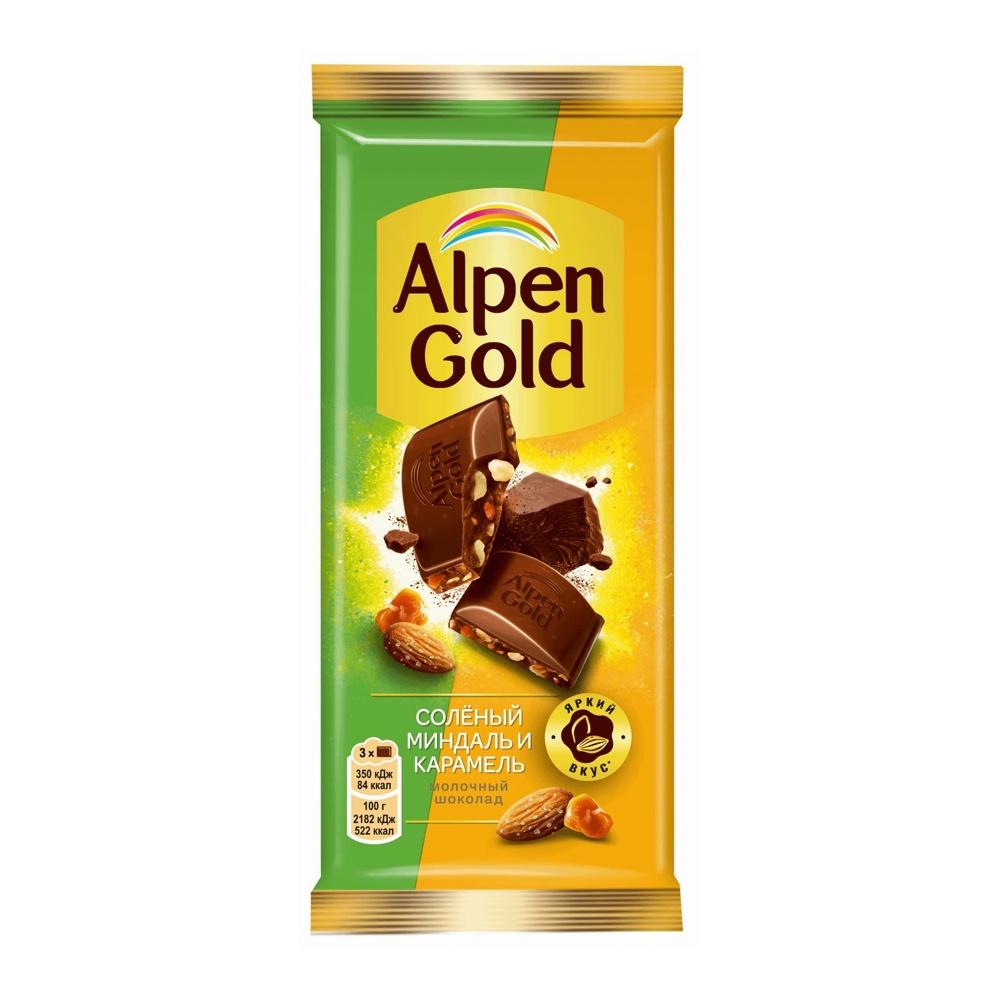 Шоколад Альпен Гольд молочный с соленым миндалем и карамелью 80г
