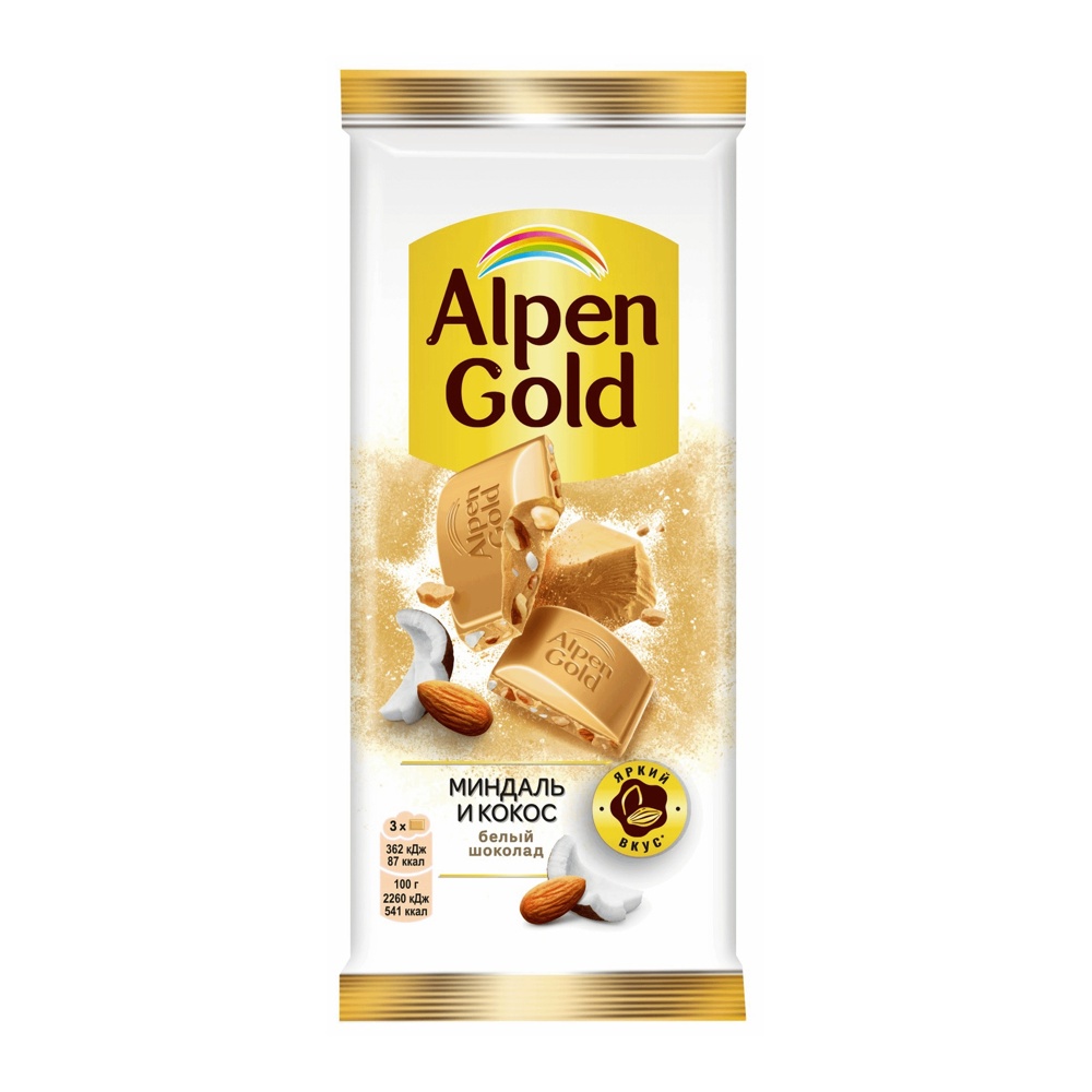 Шоколад Альпен Гольд белый с миндалем и кокосовой стружкой 80г