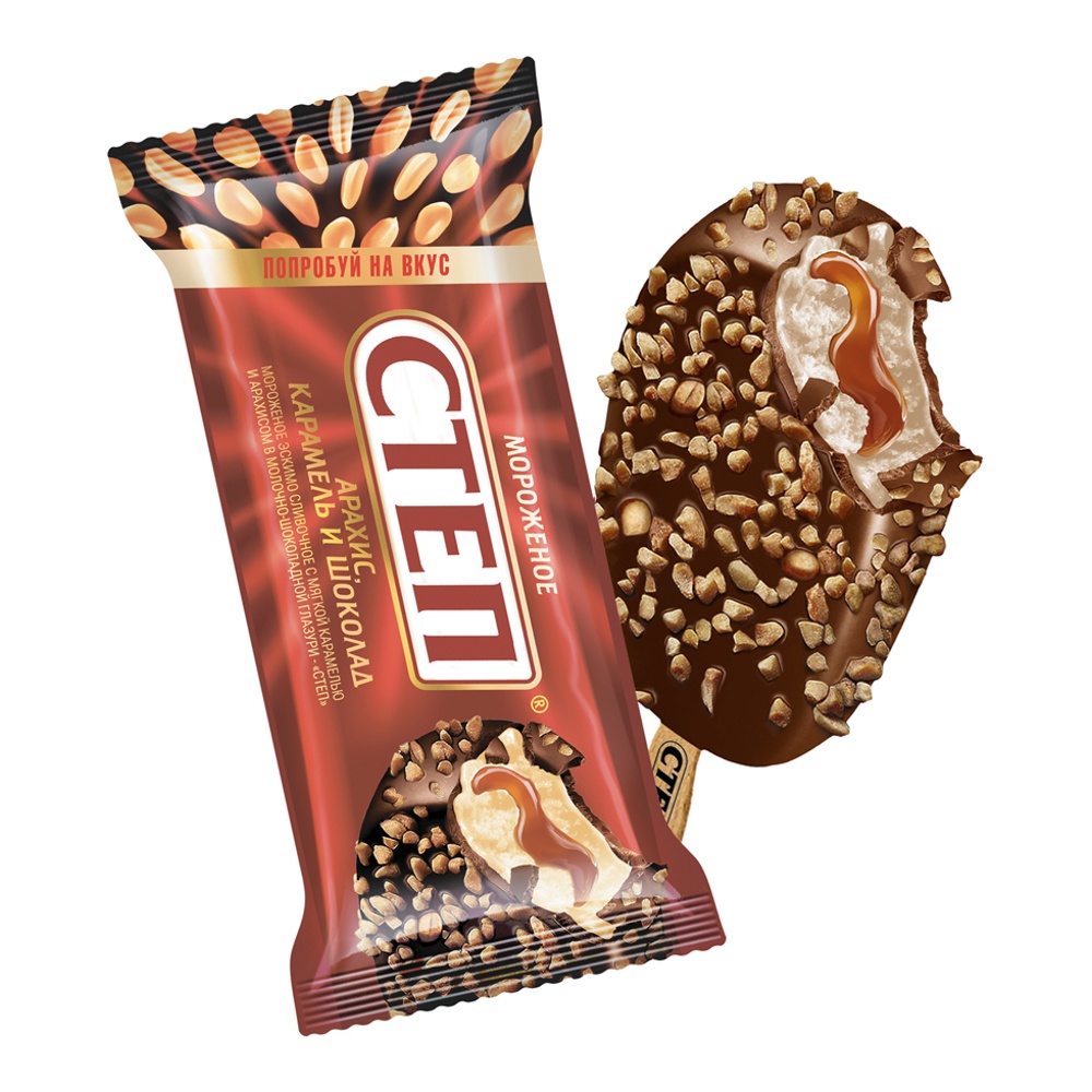 Мороженое Бодрая корова Степ сливочное с карамелью, арахисом и шоколадом в глазури 75г эскимо