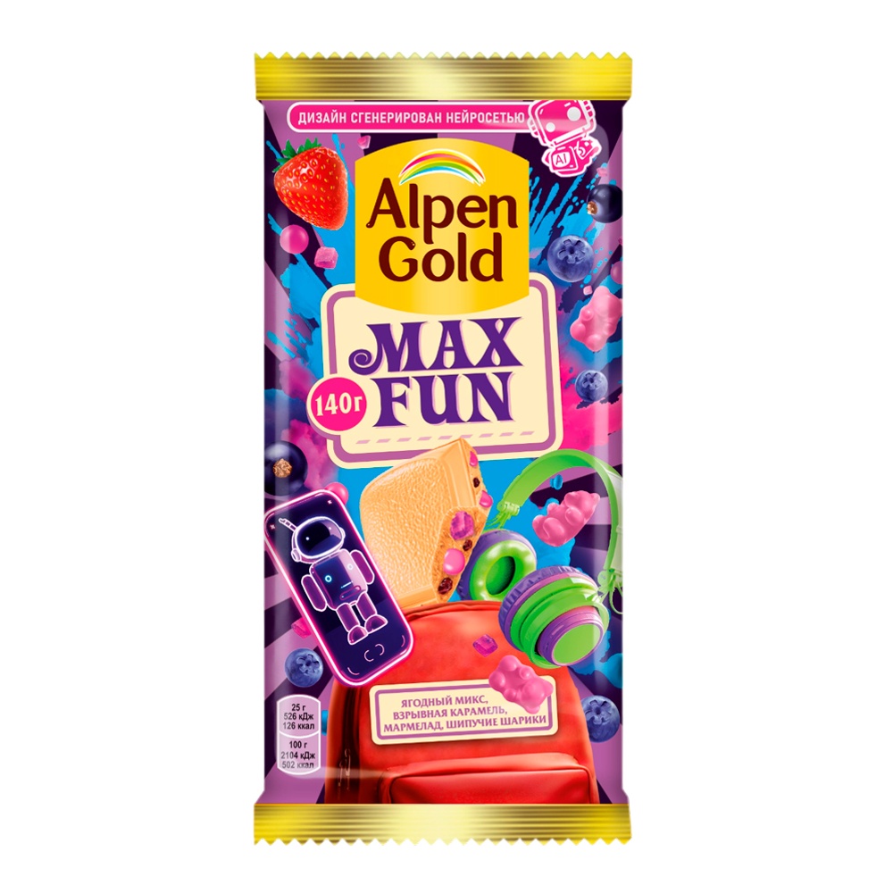 Шоколад Альпен Гольд Максфан Ягодный микс белый с мармеладом, взрывной карамелью 140г