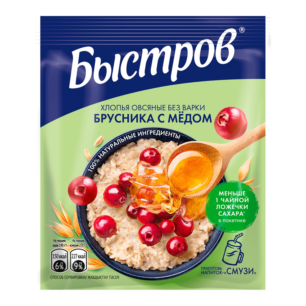 Хлопья Быстров Овсяные брусника с медом 40г