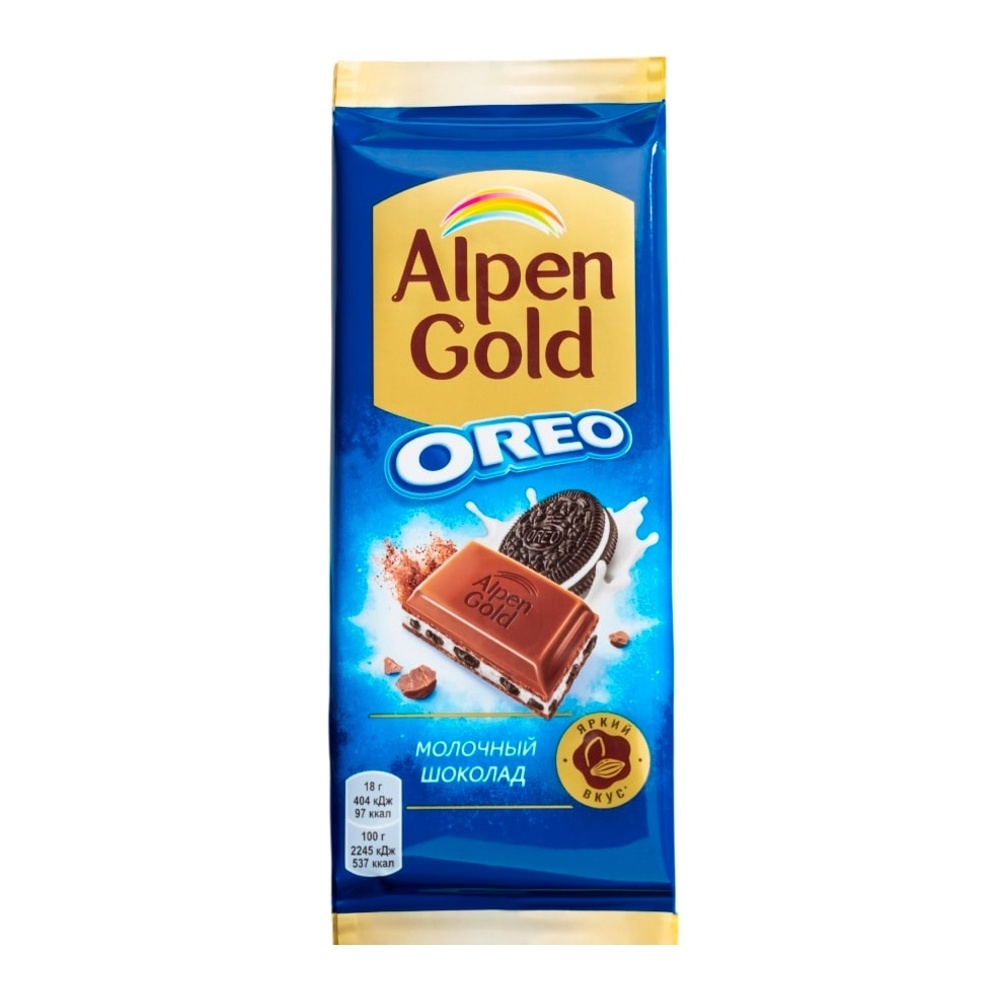 Шоколад Альпен Гольд Орео молочный с начинкой со вкусом ванили и кусочками печенья 85г