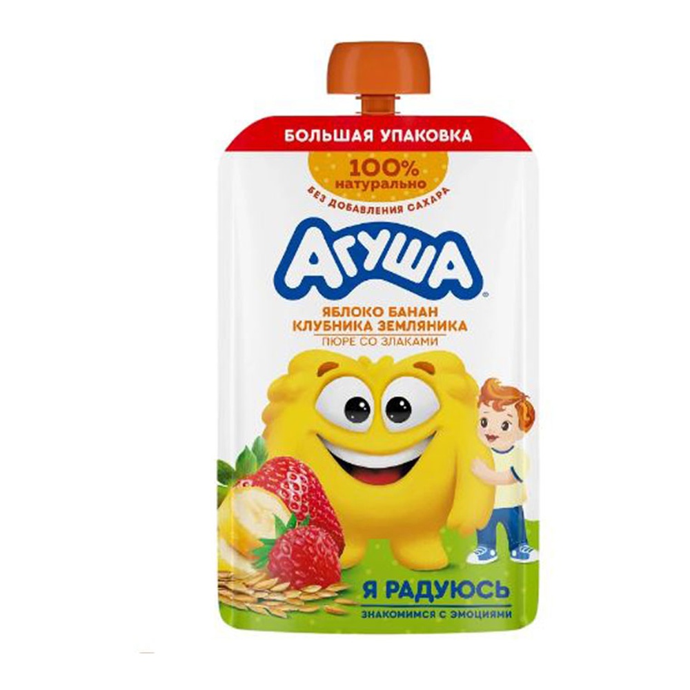 Дет пит Агуша Пюре со злаками из яблока, банана, клубники и земляники с 8мес 160г дой-пак