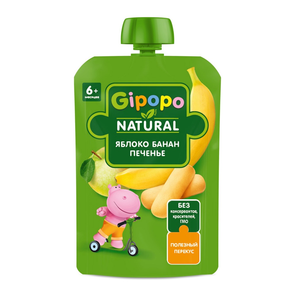 Дет пит Гипопо Пюре яблочно-банановое c печеньем с 6мес 90г дой-пак