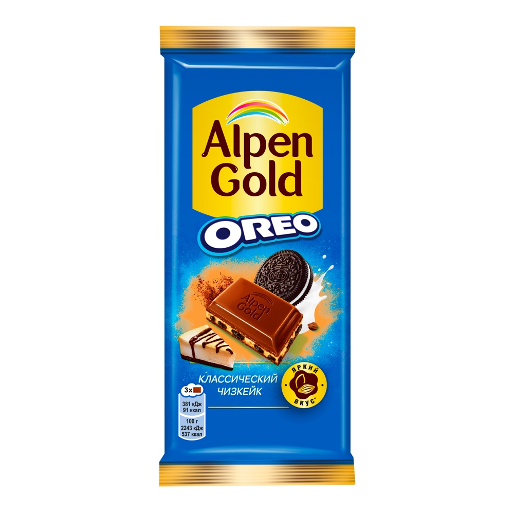 Шоколад Альпен Гольд Орео молочный с начинкой со вкусом чизкейка и кусочками печенья 85г