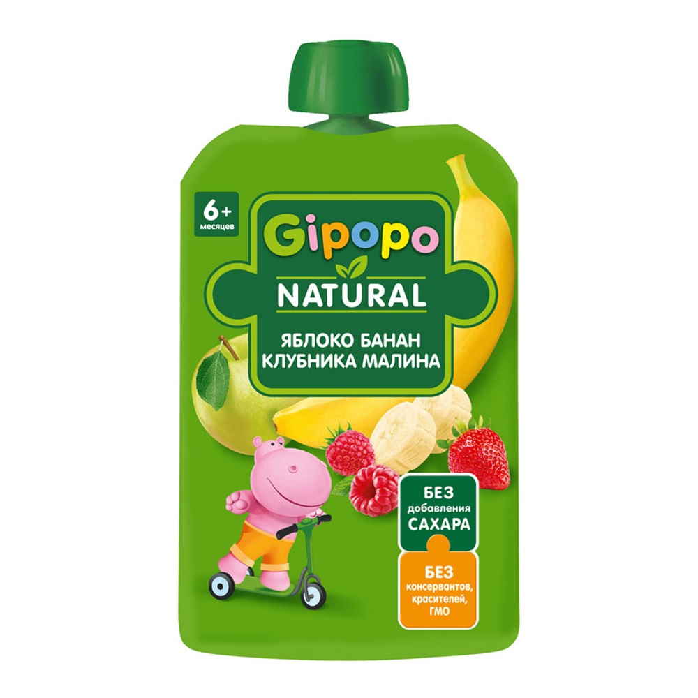 Дет пит Гипопо Пюре яблочно-банановое c клубникой и малиной с 6мес 90г дой-пак