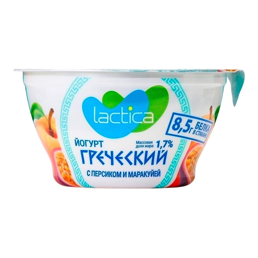 Йогурт Лактика греческий двухслойный 1,7% 130г персик-маракуйя пл/ст