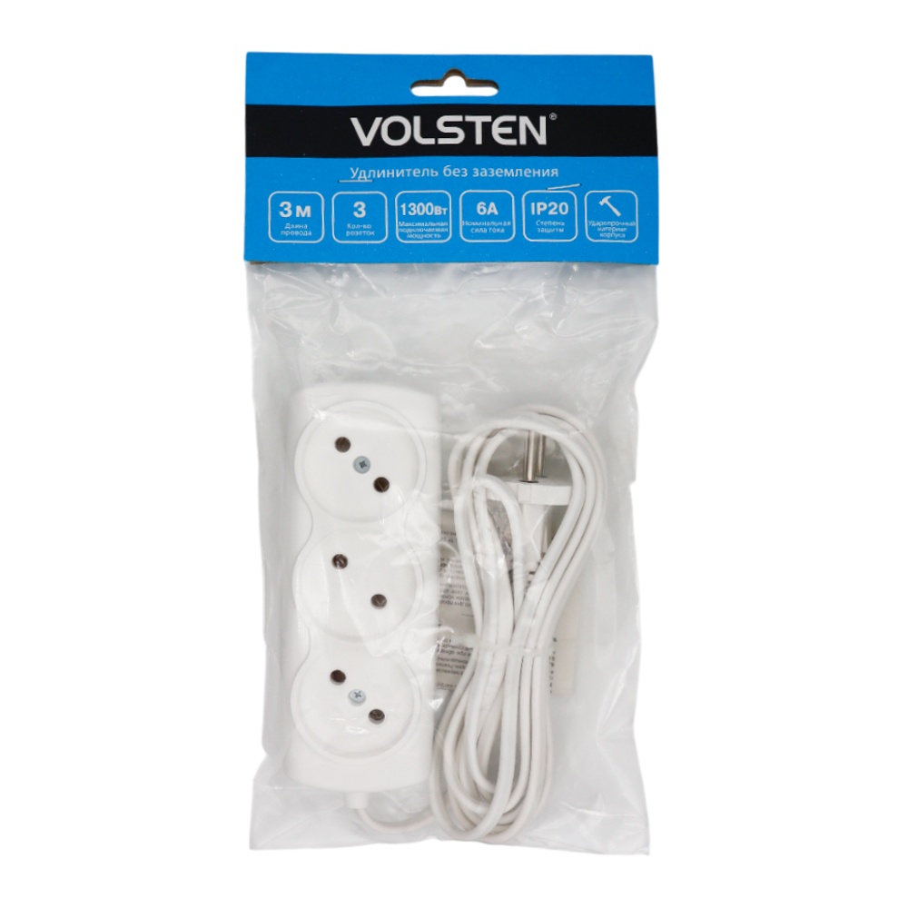 Удлинитель Волстен Си 3*3 Р16-010/УХ6 3м, 6А, 1300Вт, ШВВП2х0,75 без заземления