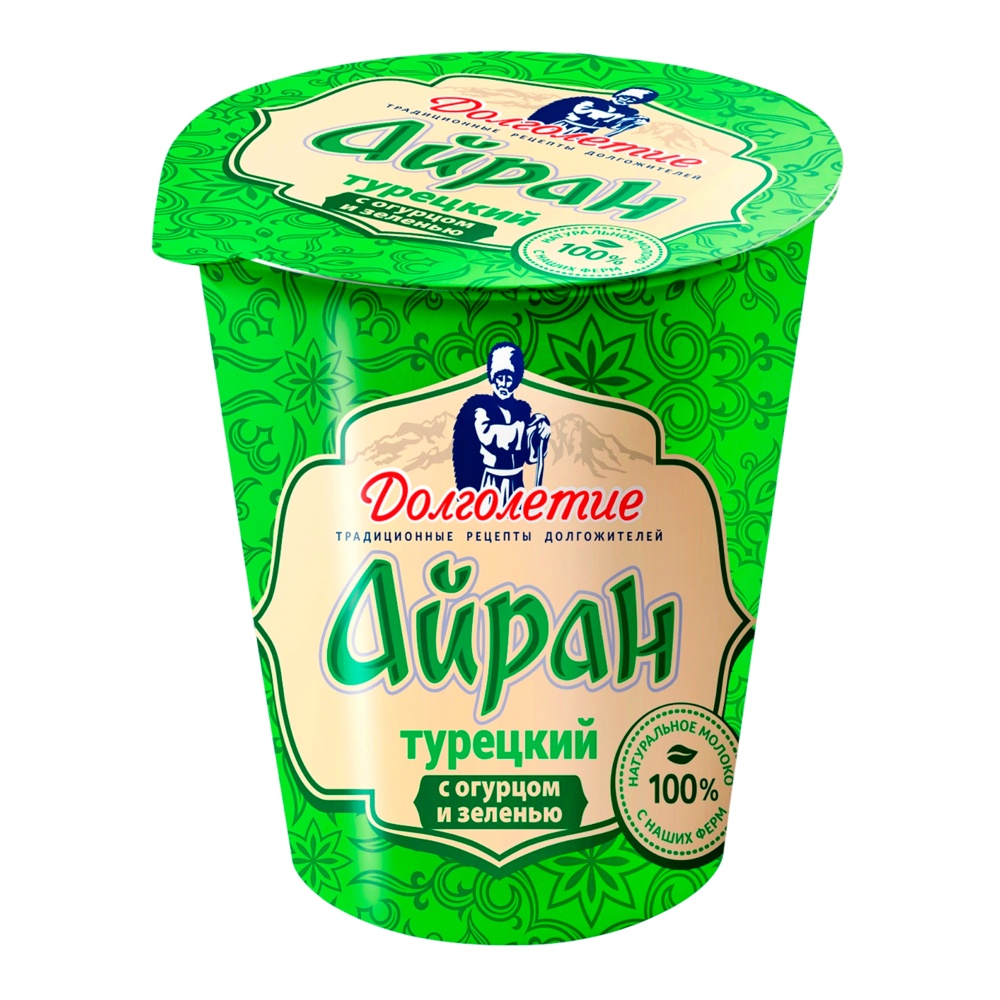 Напиток кисломолочный Долголетие Айран Турецкий с огурцом и зеленью 1,8% 180г пл/ст