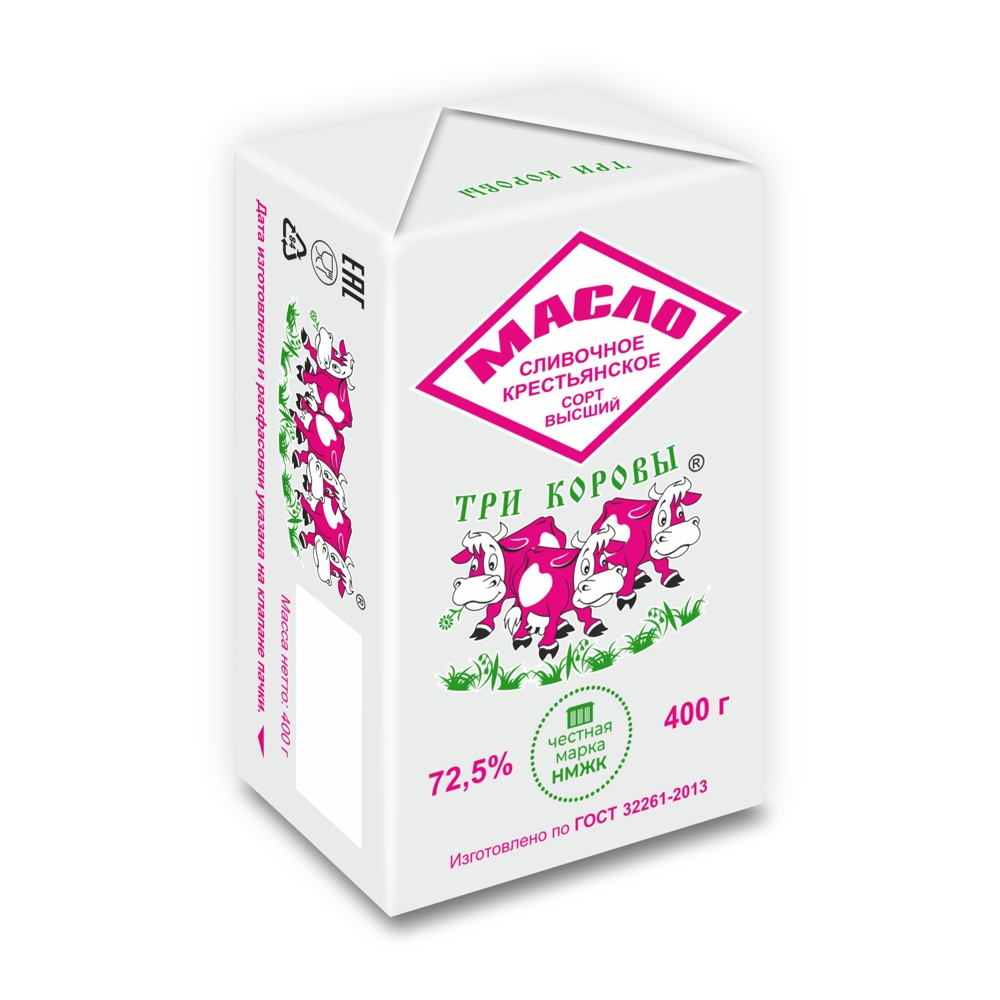 Масло Три коровы сливочное Крестьянское в/с 72,5% 400г в фольге