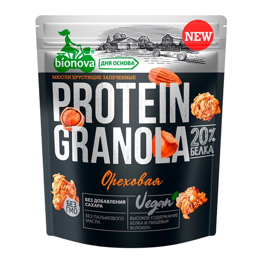 Мюсли Бионова Гранола протеин 20% хрустящие запеченные ореховые б/сахара 280г дой-пак