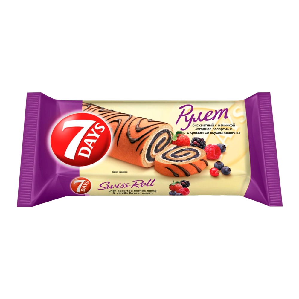 Рулет 7 Дней бисквитный с начинкой Ягодное ассорти и с кремом со вкусом ваниль 200г