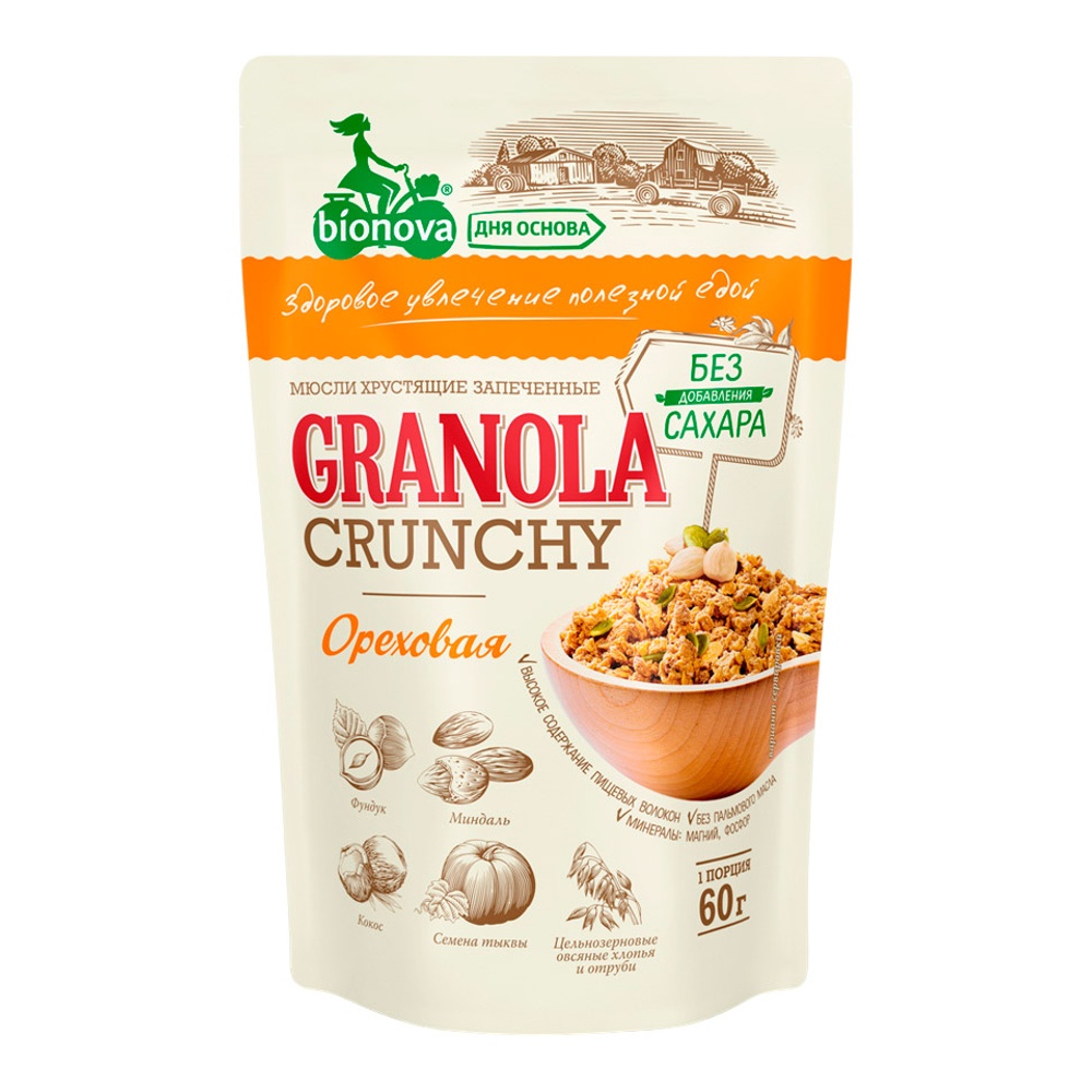 Мюсли Бионова Гранола ореховые б/сахара 60г дой-пак с зип-замком