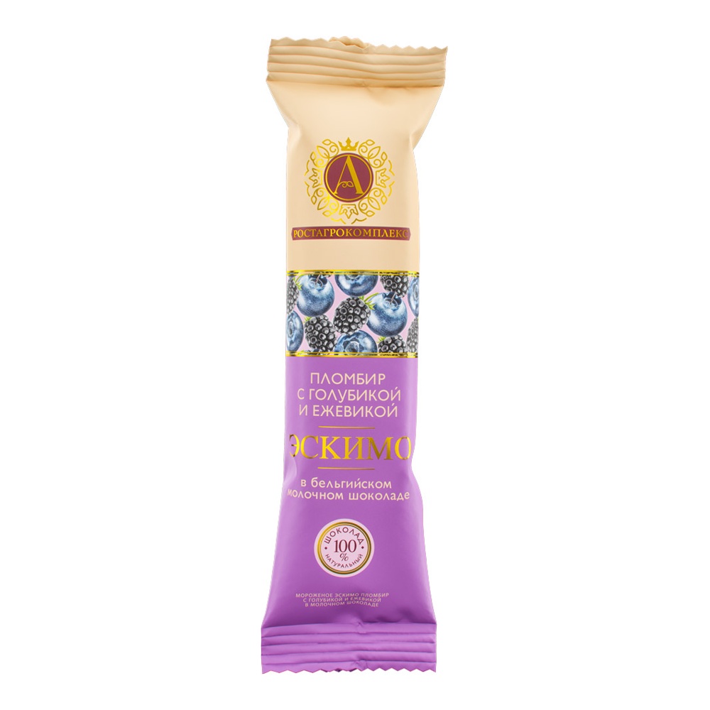 Мороженое А.Ростагрокомплекс Пломбир голубика-ежевика в бельгийском молочном шоколаде 65г эскимо