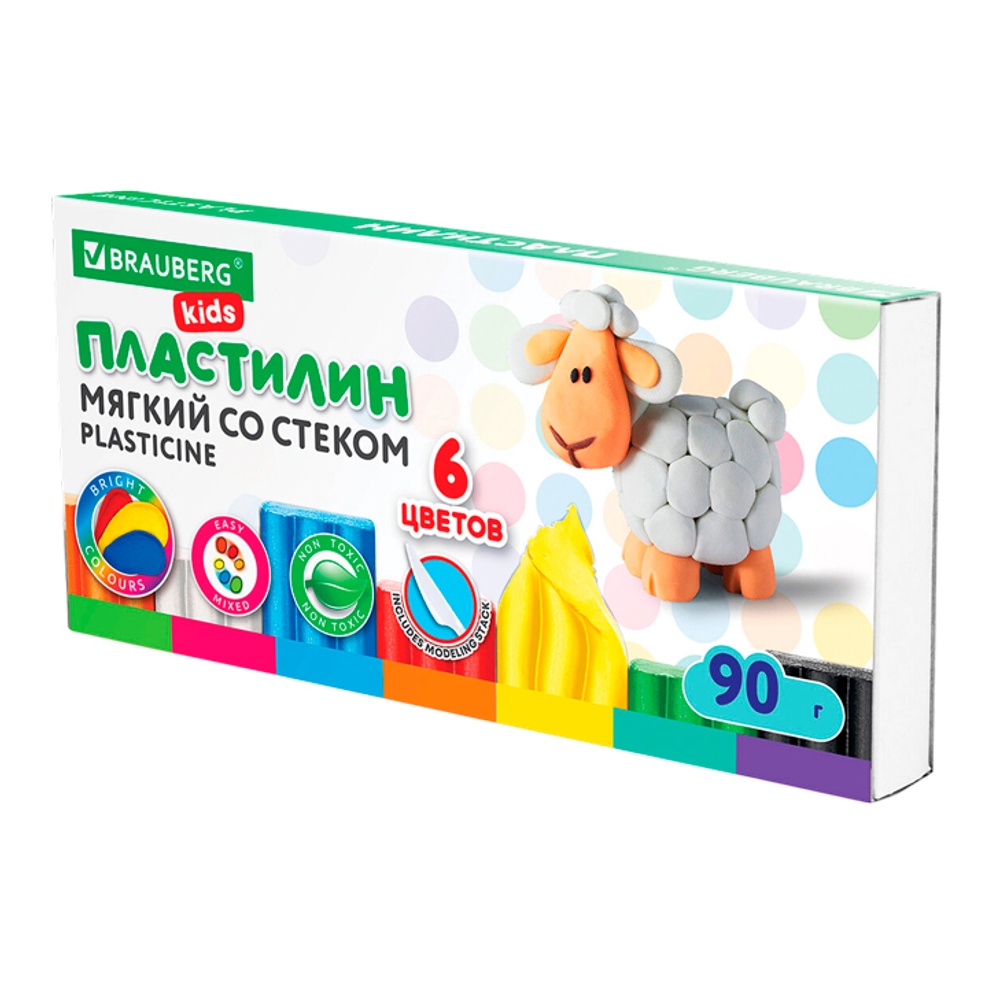 Пластилин восковой 6цв 90г со стеком, Брауберг Кидс 106493