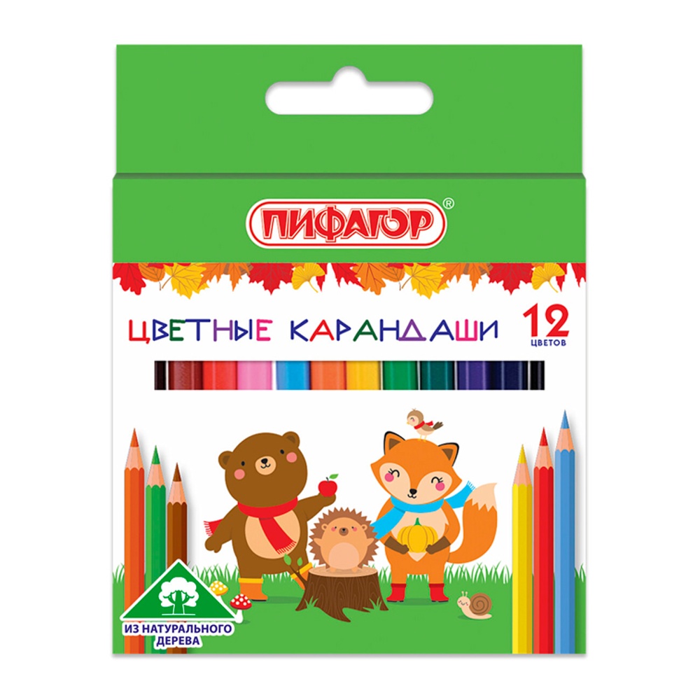Карандаши 12цв, укороченные, натуральное дерево, Малыши-карандаши Пифагор 181344
