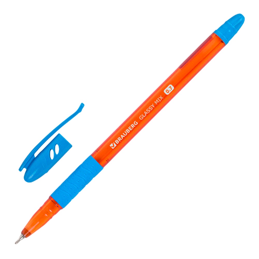 Ручка шариковая масляная, с грипом, корпус ассорти, синяя, 0,35мм Брауберг Гласси Микс 144106